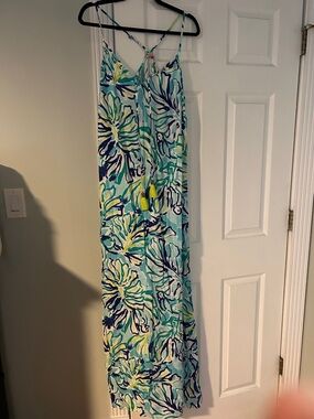 Lilly Pulitzer Aqua, Navy & Lime Tropical Maxi Dress